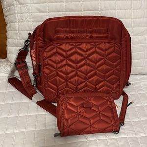 NWOT Lug Ranger Bag w/Matching Rodeo Wallet, Brick Red (cranberry) w/leaves.
